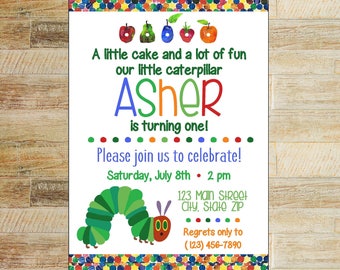 The Very Hungry Caterpillar First Birthday Party Invitation - Bug Summer Rainbow Birthday Bday Party Invite Print - Digital JPEG File