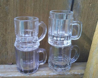 Tiny glass mugs 4 Vintage shot glasses retro barware little miniature beer mugs penny candy measure collectible glass