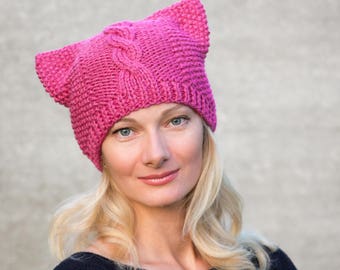 Pink cat hat knit pussyhat pink pussycat hat pink pussyhat project crochet pussy hat cat ear hat for cat lover gift womens nasty women hat