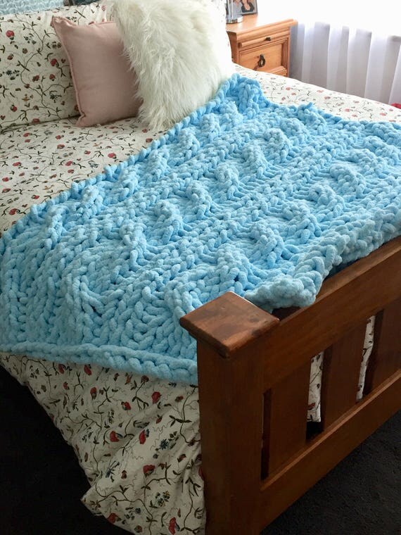 Pale blue chunky knit blanket Baby blanket Knitted blanket