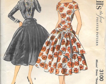 McCALL'S 3100 RARE Grace Kelly Dress Size 10 Bust 28 1/2 Drop Waist Full Skirt Square Bateau Neckline Sash Vintage 1950's Pattern