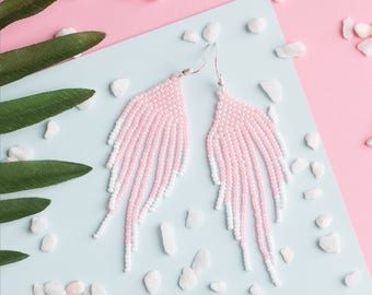 Boho Earrings Tassels, Earrings Pink Tassel, Fringe Earrings, Summer Jewelry Ideas, Long Seed Bead Earrings, Romantic Jewelry for Girlfriend