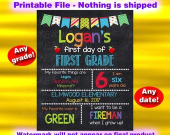 First Day Of School Chalkboard Sign, First Grade Sign, Kindergarten Sign, Second Grade, Printable Sign, Back To School Sign, Preschool Sign