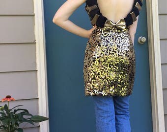 Vintage 1980s sequin dress Black and gold Bows Prom dress Party dress 80s mini dress Statement dress Low back Sequins