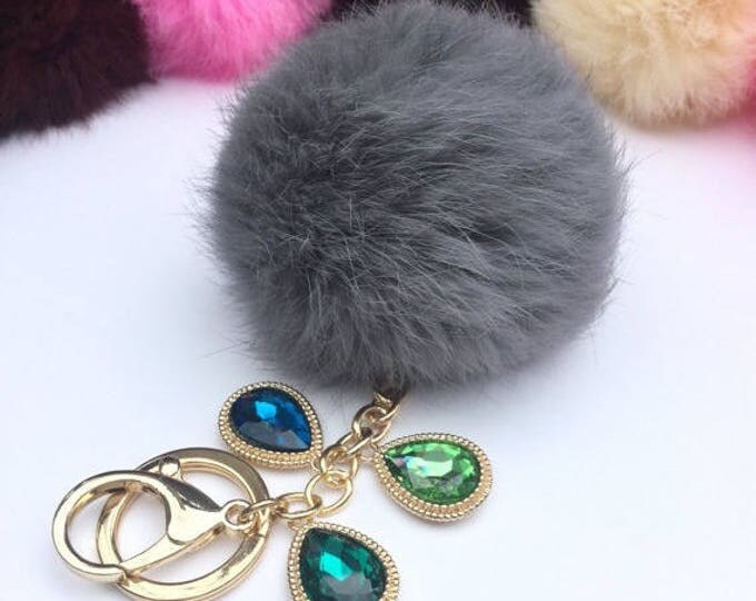 Customer request inspired GREY fur pom pom keychain Rabbit real fur puff ball