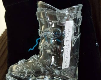 Personalized snow boot shot glass with pouch.