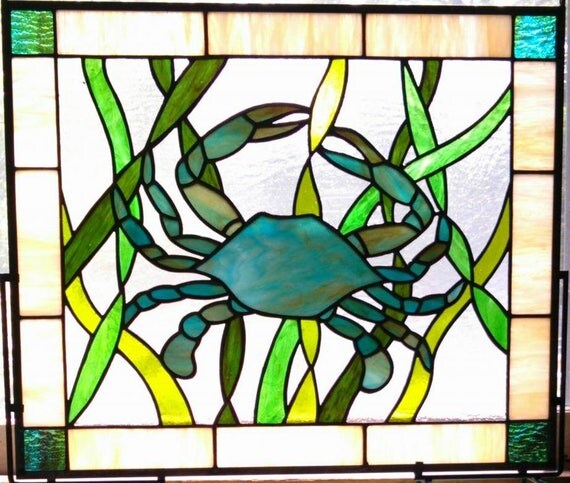 Blue Crab Stained Glass Panel