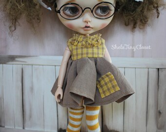 Dress For Blythe - Handmade, sleeveless Blythe Dress, checkered dress, mustard, rustic dress.