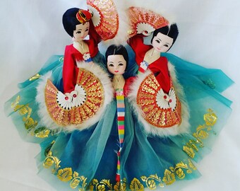 Asian Fan Dancer Girls 1960's Stockinette Doll 12 Inch ~ Asian Oriental Korean Stockinette Doll