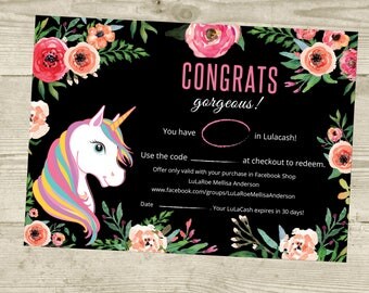 PRINTABLE Cash Coupon, LulaCash, Gift Certificate Card, Lula Bucks Cash, Unicorn and Flowers, Digital File LLR031