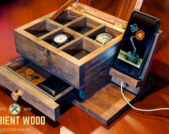 Wood box Bedside Watch Storage Box Electronic Docking Station dock charger