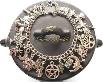 Wiccan Charm Bracelet, Pagan Charm Bracelet, Wicca, Witch, Druid, Wiccan Charms, Book of Shadows, Pentagram, Green Man, 4 Lengths Available