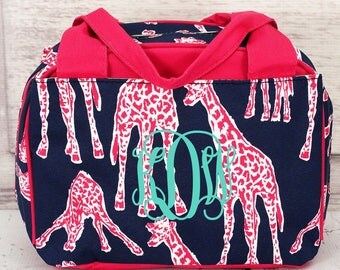 Gazing Giraffes Bowler Type Lunch Bag in Navy or Pink