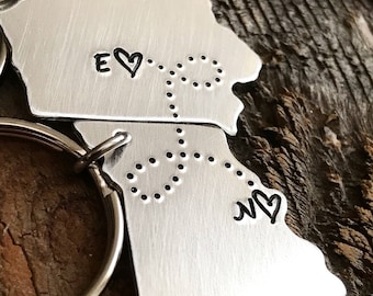 Boyfriend Gift ANY 2 State to State hand stamped jewelry Keychain gift long distance relationship Long distance boyfriend gift