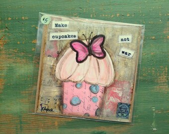 SALE! Cupcake Print, 5"x5" Cake Print, Whimsical Cupcake, Cupcake Art, Mixed Media, Whimsical Print, Sale print, blue, pink, Make Cupcakes