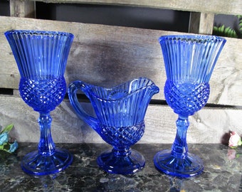 Fostoria Cameo Glass, Bicentennial Blue, George and Martha Washington, Mount Vernon, Vintage Dinning & Serving, Retro Glassware Set, Pitcher