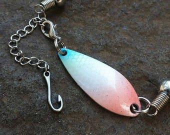 Fishing lure anklet with fish hook charm (peach, white & blue fishing lure)