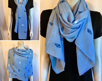 Blue Nautical scarf / Lightweight / Hand-Stamped / 100% Polyester