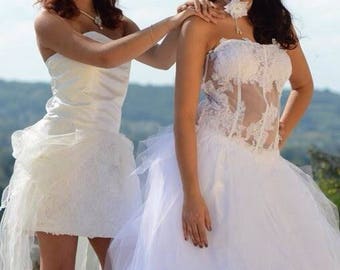short ivory satin and organza cocktail dress