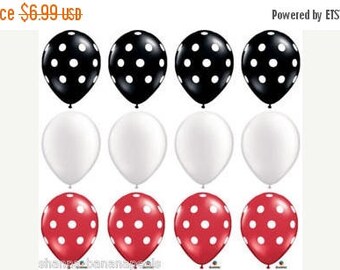 ON SALE 12 White, Red and Black polka dot balloons 11" Latex Balloons Minnie Mouse Mickey Mouse Party Decorations Favors Balloon Centerpiece
