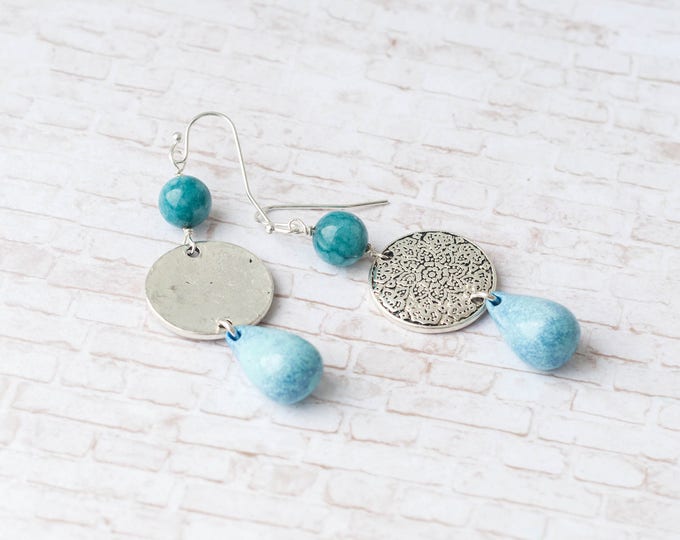 50% OFF Ocean blue earrings, Blue stone earrings, Mandala earrings, Blue color earrings, Silver disk earrings, Light blue stone earrings