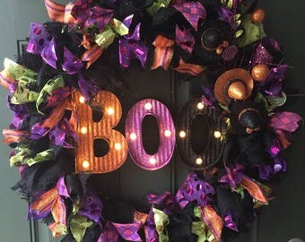 Halloween Wreath 25" Black Purple Green and Orange Burlap Light Up Boo Sign Halloween Wreath Halloween Decor Door Wreath Halloween