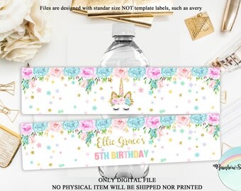 rainbow unicorn printable bottle labels or wrappers instant