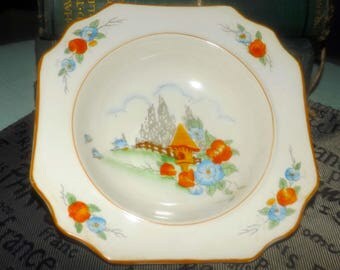 Quite vintage (c.1930s) Crown Devon Fielding | S. Fielding hand-painted 2145 rimmed cranberry, jam or jelly bowl. Landscape, flowers, birds.