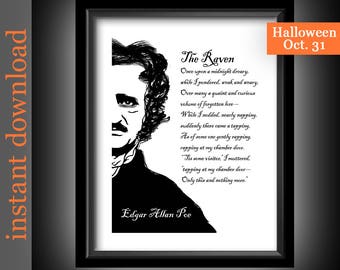 The Raven Printable, Instant Download, Edgar Allan Poe, Raven quote, library wall art, literature, poetry, black and white, goth, macabre