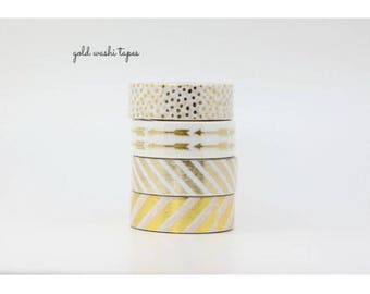 Gold washi tape set, gold japanese paper tape, 4 rolls of gold decorative tape, 15mm x 10m