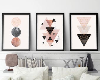Trending Now Art, Set of 3 prints, Minimalist Poster, Scandinavian Modern, Scandinavian Print, Geometric Art, Blush Pink, Rose Gold, Digital