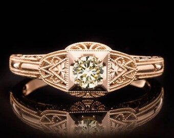 Art Deco Engagement Ring 0.21 Carat Fancy Champagne SI1-SI2 Round Center Diamond Milgrain Engraved Cocktail Ring 14K Rose Gold 9973 3981