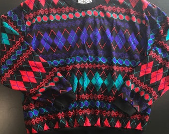 NOS Vintage 80s Sweater Adult XL Retro Zack Morris Style Argyle Abstract Geometric Multi Color Long Sleeve Donnkenny Classics Made in USA