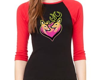 PREMIUM Raglan Shirt Pink Deer Heart Browning Deer Love 3/4 Sleeve Couple Deer Raglan Baseball Shirt