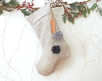 Personalised Linen Christmas Stocking with leather name tag and pom poms, Personalized linen stocking, Natural Christmas stocking