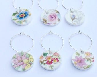 Set of 6 Upcycled China Wine Glass Charms/ Floral Glass Charms / Shabbychic Wine Charms /Hen Party Favours