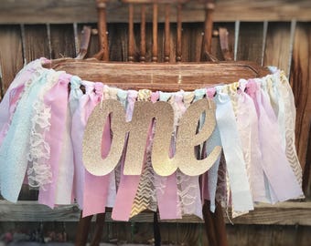 Rag Tie Garland, ONE High Chair Banner, 1st Birthday Pink Decor, Photo Prop, Birthday Banner,