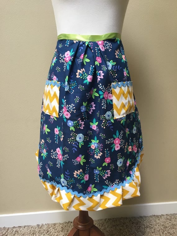 Blue and Purple Floral Motif Apron with Green and Mustard