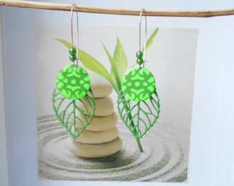 Earrings leaf green enamel neon green sequin