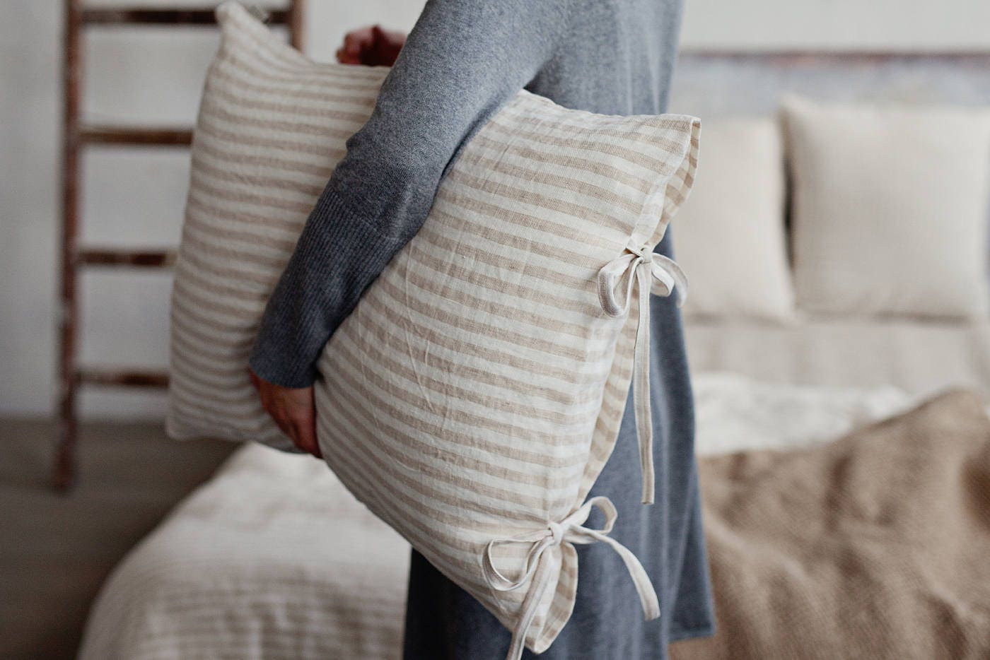 Striped linen pillow cases with ties. Stone washed linen
