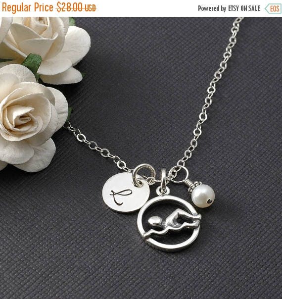 ON SALE Swimmer initial necklace sterling silver swim