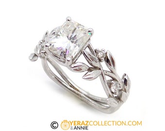 leaf engagement ring moissanite engagement ring white 14k gold ring wedding ring - Nature Inspired Wedding Rings leaf engagement ring moissanite engagement ring white 14k gold ring wedding ring - Nature Inspired Wedding Rings
