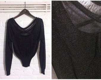 1970s vintage black lurex glitter jersey knit t-shit top with open back / straps details - UK 10 EU 38 US 8 - Glam Metallic Seventies