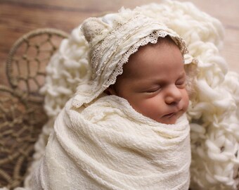 Newborn bear bonnet-newborn bear hat-newborn hat-lace bonnet-baby bonnet-newborn props-newborn outfit-beige props-natural props
