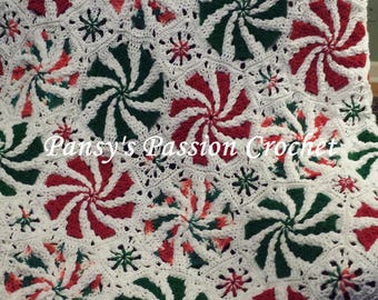 Hand Crocheted Mint Swirl Blanket - Red, Green, White