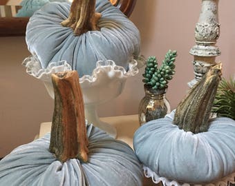 Set of Three Gray Blue Velvet Pumpkins Hello Fall!!!!!