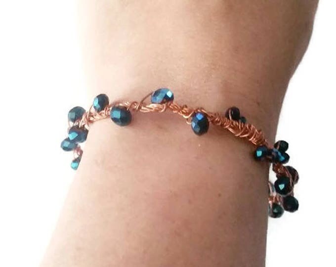 Copper Beaded Bangle Bracelet, Blue Czech Beaded Bangle, Blue & Copper Bracelet, Unique Birthday Gift, Gift for Her
