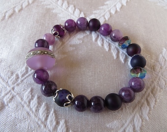 Purple & Silver Beaded Bracelet with Handmade Lampwork Glass Focal Bead