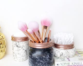 White Marble Mason jars set, marble decor, marble effect makeup storage, rose gold makeup brush holder, monochrome nursery, ball mason jar