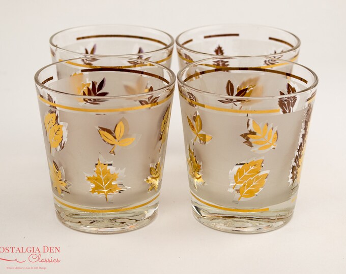 MCM Libbey Golden Foliage | Gold Leaf Frosted Glasses | Vintage Hostess 6 Oz Old Fashioned Glasses | Set of 4